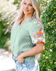 Reya Floral Embroidered Puff Sleeve Split Neck Blouse