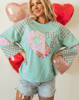 Valentine Heart Plaid Floral Patchwork Long Sleeve Top