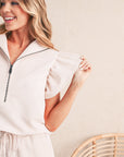 Textured Ruffle Sleeve Zipped Top and Wide Leg Pants Set