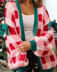 Plaid Bow Open Front Sweater Knit Cardigan