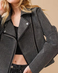 Crystal Studded Stretch Zip Up Moto Jacket