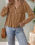 Solid Smocked Split V-Neck Buttoned Blouse
