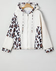 Leopard Waffle Knit Patchwork Zip Up Hoodie