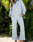 Stripe Collared Top and Drawstring Pants Set