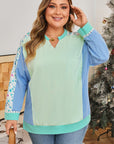 Plus Size Floral Patchwork Long Sleeve V-Neck Top