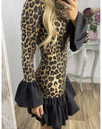 Leopard Print Panelled Flared Sleeve Slim Mini Dress