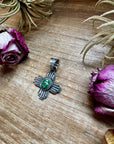 Zia Symbol Pendant with Green Sonoran Gold Turquoise – Sterling Silver – Native Made by K. Billah – Fits 8mm