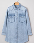 Solid Denim Chest Pocket Raw Hem Shirt Dress