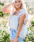 Angie Boho Embroidered Floral Print Flutter Sleeve Blouse