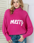Christmas Merry Embroidered Puff Sleeve Turtleneck Sweater