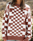 Checker Round Neck Drop Shoulder Sweater