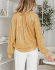 Solid Metallic Sequin Balloon Sleeve Blouse
