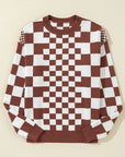 Checker Round Neck Drop Shoulder Sweater