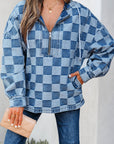 Checker Denim Half-Zip Pocketed Hoodie