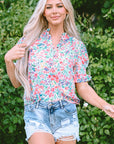 Azaria Floral Print Button Split Neck Puff Sleeve Blouse