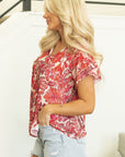 Raina Vintage Floral Ruffle Sleeve V Neck Blouse