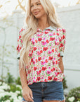 Romy Floral Striped Patchwork Collared Short Sleeve Blouse