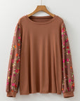 Plus Size Floral Patchwork Sleeve Crewneck Top