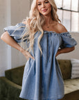 Camryn Bubble Sleeve Square Neck Denim Babydoll Dress