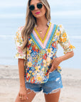 Gwen Crochet V Neck Boho Floral Blouse