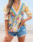 Boho Floral Crochet V-Neck Blouse