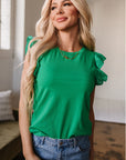Nellie Embroidered Ruffled Sleeve Slim Fit Crew Neck Top