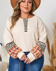 Plus Size Stripe Plaid Patchwork Waffle Top