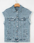 Denim Button Flap Pocket Frayed Vest