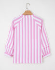 Stripe Puff Sleeve Buttoned V-Neck Blouse