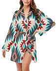 Turquoise Burgandy Aztec Women's Belted Satin Feel Dressing Lounge Robe