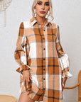 Plaid Collared Neck Ruffle Sleeve Shirt Dress