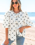 Ezra Bowknot Print Front Knots Bubble Sleeve Blouse