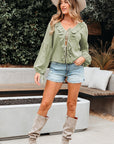 Natalia Bow Tie Front Ruffle Trim Long Sleeve Gauze Blouse
