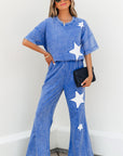 Arabella Acid Wash Star Patched Rolled Trim Pants Set