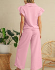 Textured Ruffle Sleeve Zipped Top and Wide Leg Pants Set
