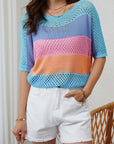 April Knitted Eyelet Colorblock Striped Half Sleeves Top