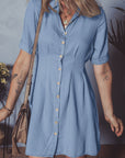 Denim Pleated Short Sleeve Shirt Dress