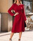 Solid Ruched Long Sleeve Midi Dress