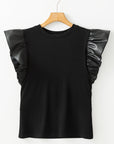 Leather Patchwork Ruffle Sleeve Blouse