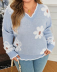 Plus Size Floral Scallop V-Neck Sweater