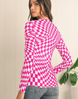 Checkered Pattern Mesh Long Sleeve Top