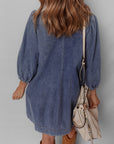 Denim 3/4 Sleeve Tied V-Neck Pleated Mini Dress
