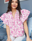 Floral Ruffle Sleeve V-Neck Blouse