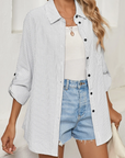 Stripe Roll-Tab Sleeve Pocketed Shirt
