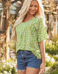 Yusra FloralRuffle Sleeve V Neck Blouse