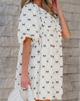 Bow Textured Puff Sleeve Mini Dress