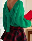 Bow Tie Backless Bubble Sleeve Sweater