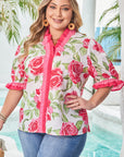 Elise Plus Size Floral Frilled Stripes Blouse