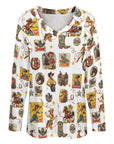 Baha Ranch Vintage Cowgirl Collage Western Print Long Sleeve Top