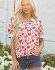 Romy Floral Striped Patchwork Collared Short Sleeve Blouse